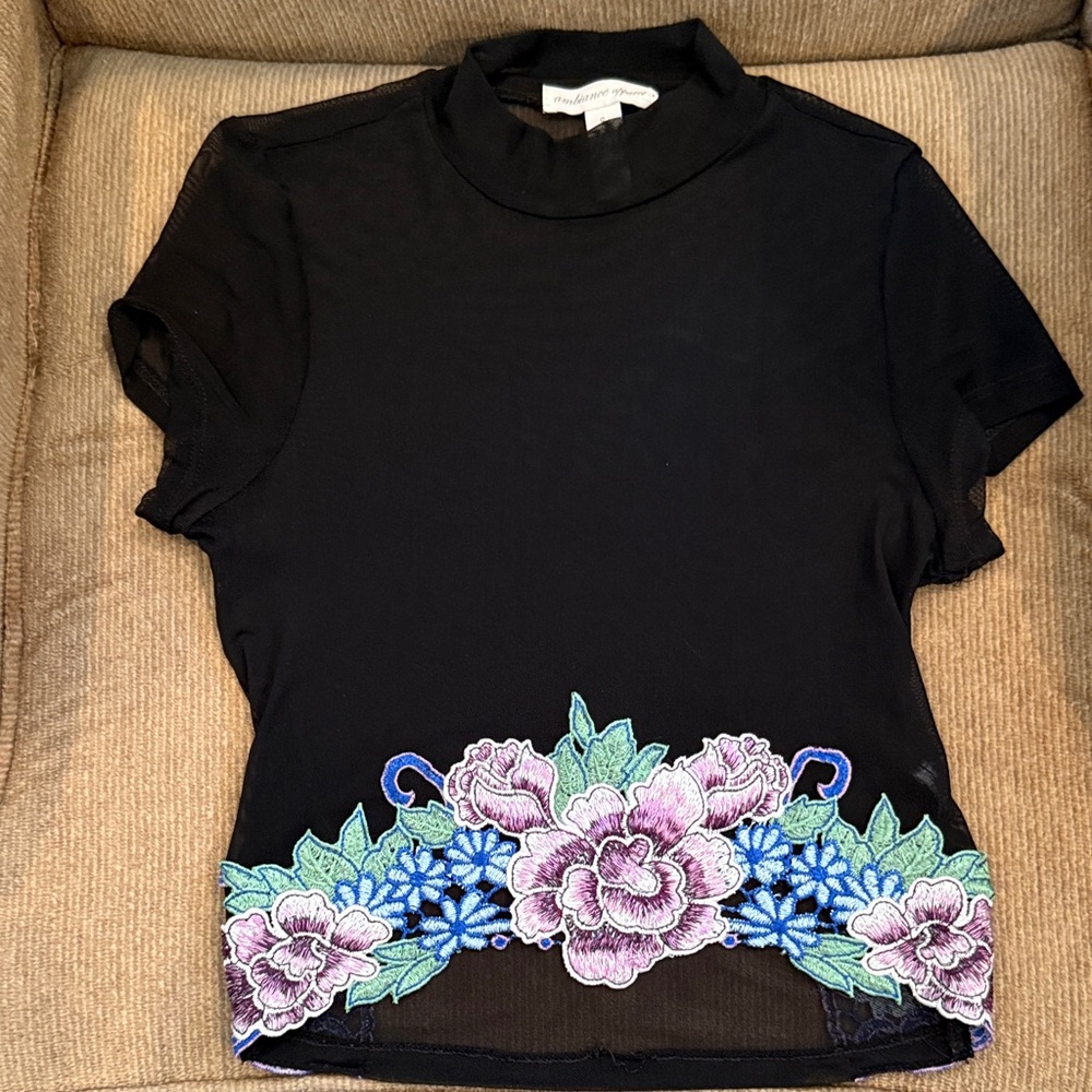 Forever 21 Black Top with Purple and Blue Floral Design